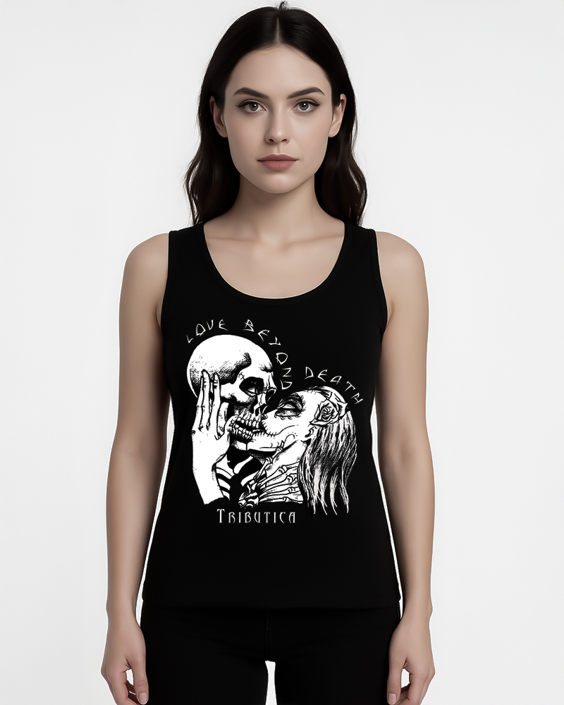 Tank Top Love alt="Love beyond death Tank Top von Tributica – Tank Top mit Totenkopf und La Catrina Tattoo-Motiv"