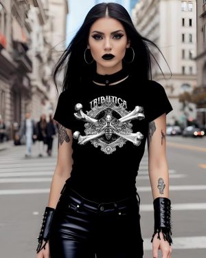 alt="Schwarzes Gothic T-Shirt für Frauen mit Acherontia Print – Tributica"