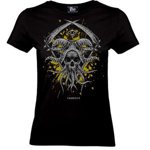 alt="Eye of Evil Girlie Shirt Yellow Version – Vorderansicht von Tributica Streetwear"