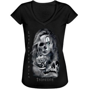 alt="Vintage Love never dies Girlie Shirt – Vorderansicht von Tributica Streetwear"