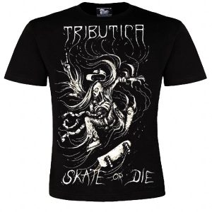 alt="Skate or Die Unisex-Shirt von Tributica Streetwear – schwarzes Bio T-Shirt mit weißem Motiv"