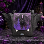 Fledermaustasche von Enomis Manufaktur – 100 % Handmade in Schwarz/Lila. Außergewöhnliche Gothic Handtasche aus Kunstleder mit Fledermaus-Design.