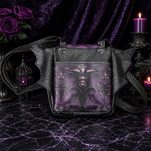Fledermaustasche-hinten.png Fledermaustasche von Enomis Manufaktur – 100 % Handmade in Schwarz/Lila. Außergewöhnliche Gothic Handtasche aus Kunstleder mit Fledermaus-Design.