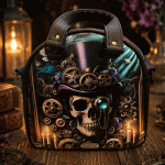 Steampunk Skull Handtasche von Enomis Manufaktur – Lucky Bowler, 100 % handmade aus Kunstleder mit Nappastruktur. Einzigartiges Steampunk-Design.