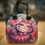 Grinsekatze Lila/Rosa – Lucky Bowler von Enomis Manufaktur Exklusive, 100 % handgefertigte Handtasche im außergewöhnlichen Grinsekatzen Design. Gefertigt aus hochwertigem Kunstleder mit leichter Nappastruktur – markant, praktisch und alles andere als Mainstream. 🖤 100 % Handmade 🖤 Kunstleder mit leichter Nappastruktur 🖤 Materialstärke: ca. 0,9 mm 🖤 Materialgewicht: ca. 700 g/m² 🖤 Maße: ca. 28 × 28 × 11 cm 🖤 Reißverschluss mit zwei Zippern 🖤 Großes Steckfach innen 🖤 Längenverstellbarer Gurt bis ca. 140 cm 🖤 Taschenfüßchen für sicheren Stand