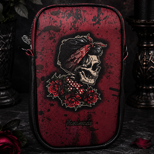 smartphonetasche Smartphonetasche Skull von Enomis Manufaktur – 100 % Handmade aus Kunstleder mit Nappastruktur. Kompakte Gothic Tasche mit verstellbarem Gurt.